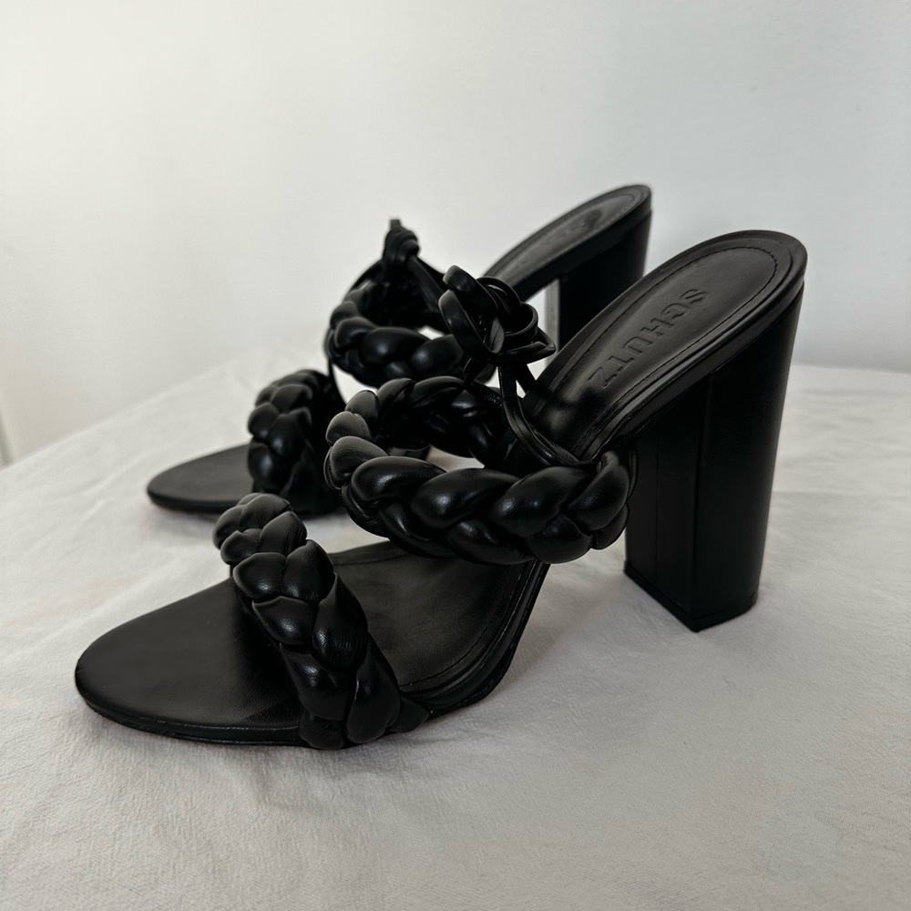SCHUTZ Black Braided Heeled Mules